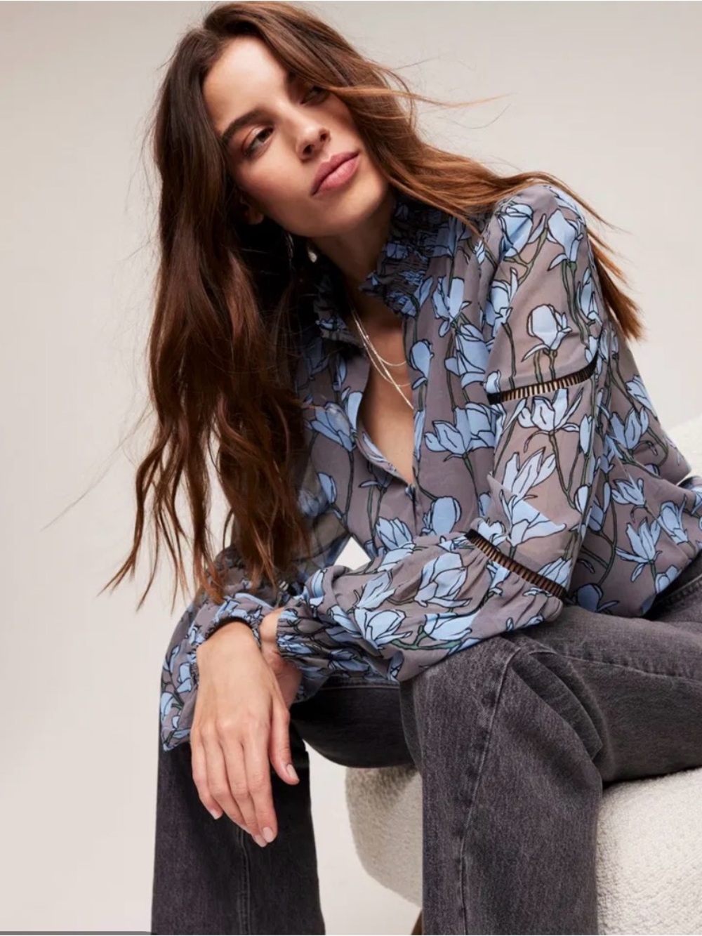 MINT VELVET Sheer Floral Ruffle V-Neck Long Sleeve Blouse Gray and Dusty Blue M
